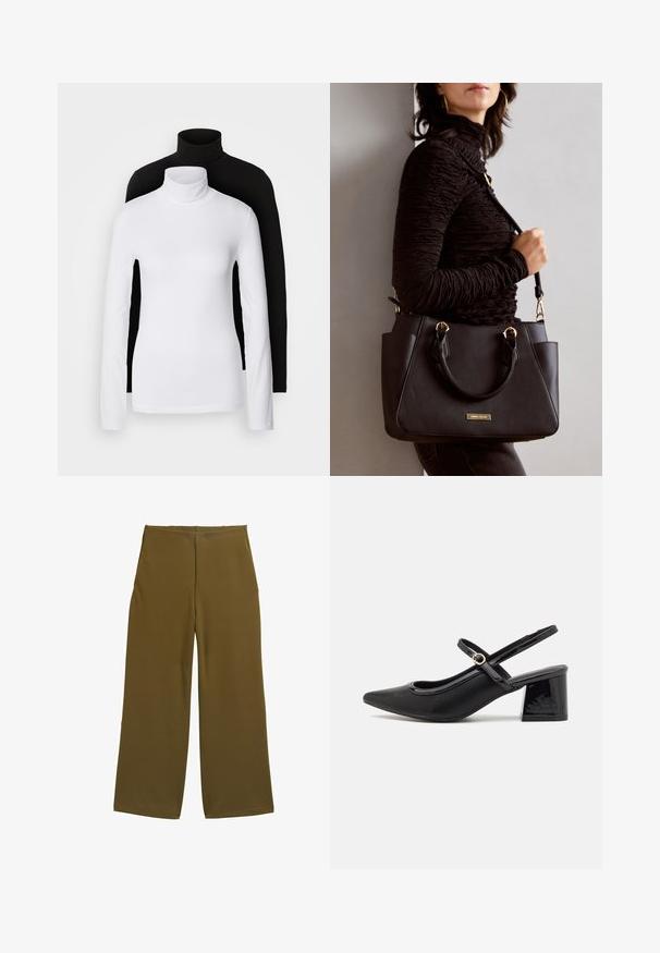 Dvě dlouhé rolákové topy, jeden bílý a jeden černý, vyrobené z hladkého, elastického materiálu, oba s přiléhavým střihem a vysokými límci.; Kalhoty s širokými nohavicemi v olivově zelené látce, s hladkým povrchem a bez viditelných zapínání. Navrženy pro volný střih s čistými liniemi.; Černé lakované lodičky s otevřenou patou, špičatou špičkou, zaobleným střihem a blokovým podpatkem. Zdobené akcentem v zlatém tónu.; Černá kabelka s texturovaným povrchem, dvojitými horními uchy a nastavitelným ramenním popruhem. Obsahuje zlaté kovové prvky a boční kapsy.