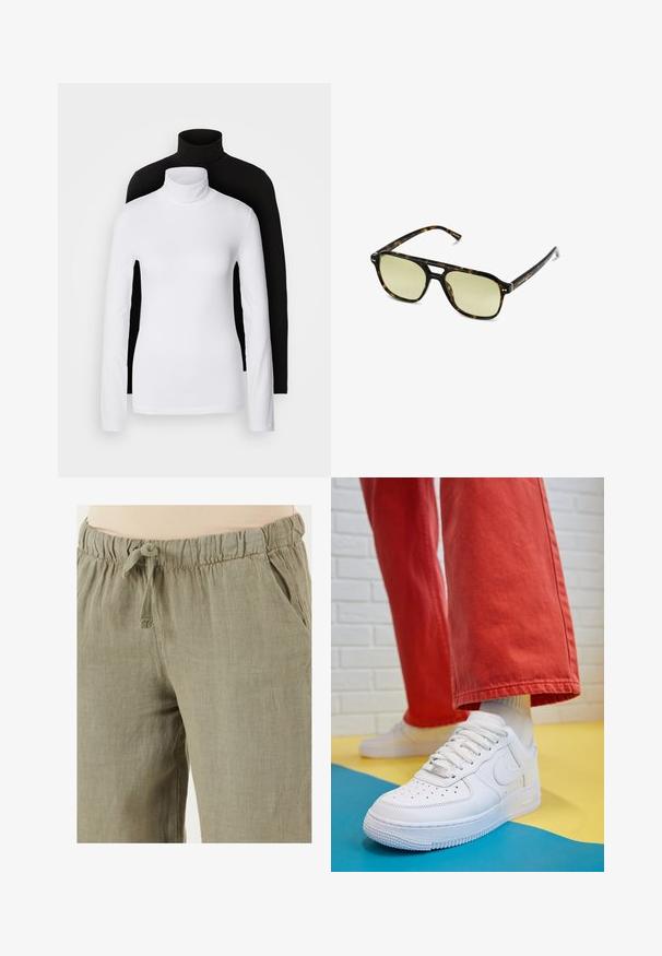 Due maglie a manica lunga con collo alto, una bianca e una nera, realizzate in un tessuto morbido e elasticizzato, entrambe con un design aderente e colli alti.; Pantaloni in lino verde oliva chiaro con vita elasticizzata e coulisse; presentano tasche laterali e un fit rilassato.; Sneaker bianco in pelle con punta perforata, suola testurizzata e lacci bianchi, abbinati a pantaloni rossi larghi e uno sfondo blu e giallo.; Occhiali da sole tartaruga con forma rettangolare, lenti con tonalità verde e montatura in acetato decorata. Presentano dettagli metallici vicino alle lenti.