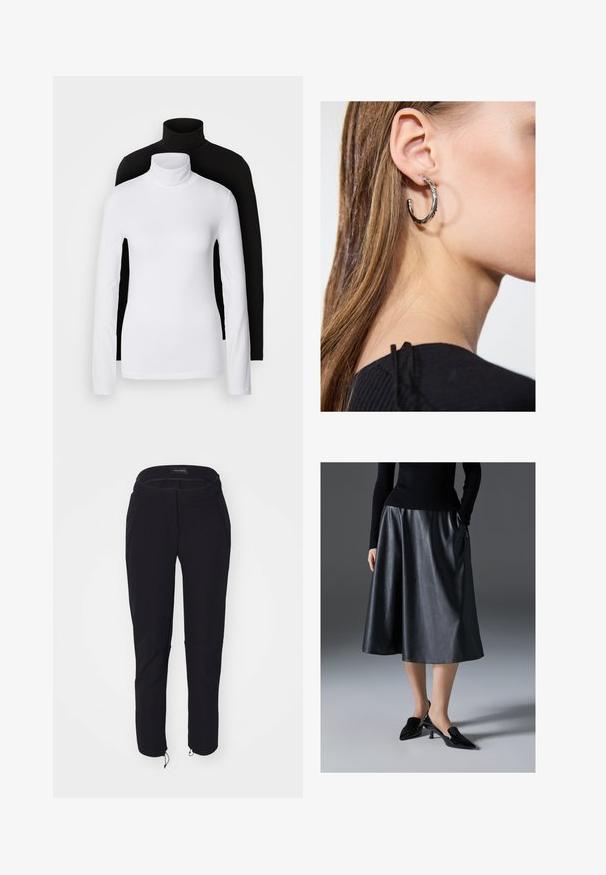 Kaks pikka varrukat turtleneck tippi, üks valge ja teine must, valmistatud siledast, venivast kangast, mõlemad slim-fit disainiga ja kõrgete kraedega.; Mustad mustad teksad sujuva struktuuriga, sobiva disainiga, elastse vöökoha, kahe tasku ja reguleeritavate varrukatega, millel on nöörid.; Mustmustest mustsari mustmust mustmust; sisaldab vöökohta ja küljetaskuid. Kombineeritud läikivate mustade kontsakingadega.; Hõbedane rõngas kõrvarõngas poleeritud viimistlusega, millel on väikesed kuldsed aktsendid ja ümmargune kuju, kantud lobus.