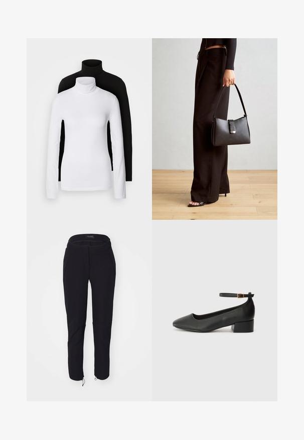 Dvě dlouhé rolákové topy, jeden bílý a jeden černý, vyrobené z hladkého, elastického materiálu, oba s přiléhavým střihem a vysokými límci.; Černé kalhoty s hladkým povrchem, vybavené přiléhavým střihem, elastickým pasem, dvěma kapsami a nastavitelnými manžetami se šňůrkami.; Černé kožené lodičky s špičatou špičkou a nízkým blokovým podpatkem. Obsahují pásek kolem kotníku se zlatou sponou. Hladký povrch.; Černá kabelka se strukturovaným tvarem, hladkým povrchem a kovovým uzávěrem. Kombinována s širokými černými kalhotami a sandály s otevřenou špičkou na dřevěné podlaze.