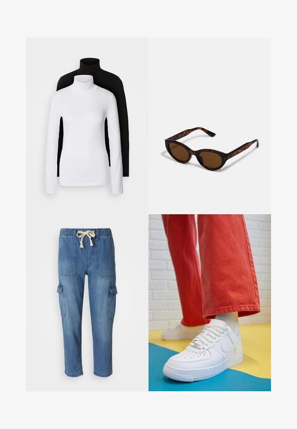Twee lange mouwen turtleneck tops, één wit en één zwart, gemaakt van een gladde, rekbare stof, beide met een slank passend ontwerp en hoge kraag.; Lichtblauwe denim cargobroek met een elastische tailleband en een verstelbaar trekkoord. Voorzien van twee zijzakken en een cargozak op het been.; Witte leren sneaker met geperforeerde teenbox, gestructureerde zool en witte veters, gecombineerd met wijde rode broeken en een blauw-geel achtergrond.; Bruine schildpad zonnebril met een vintage cat-eye vorm en bruine lenzen. Heeft gebogen armen met rode accenten.; Gouden creolen met een gladde, glanzende afwerking. Circulaire vormgeving met een kleine post en een doorzichtige achterkant voor een veilige draagervaring.