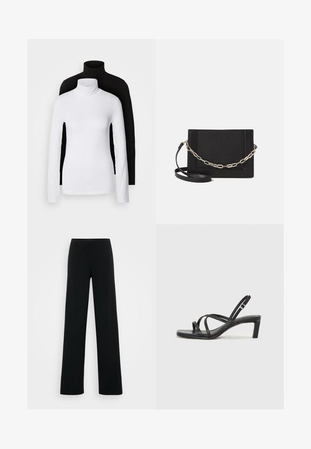 Du kišeninės ilgomis rankovėmis turtleneck marškiniai, vieni balti, kiti juodi, pagaminti iš lygaus, tampraus audinio, abu su siauru figūrą pabrėžiančiu dizainu ir aukštais apykaklėmis.; Vero Moda Tall VMBERLIN ZAMIRA WIDE - Kelnės - black; Juodi šlepetės su kvadratiniu pirštu ir žemu bloku kulnu. Yra keli ploni dirželiai ir reguliuojamas kulkšnies diržas. Pagaminti iš lygios odos.; Juodas odinis per petį nešiojamas krepšys turi lygų paviršių, stačiakampio formą ir metalinę grandinėlę priekyje. Pridedama reguliuojama dirželis.; Sidabrinis dvigubas žiedas su lygiu, poliruotu paviršiumi. Pasižymi sklandžiu, kreiptu dizainu su persipinančiomis dalimis, suteikiančiomis modernų išvaizdą.