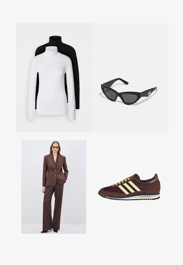 Due maglie a manica lunga con collo alto, una bianca e una nera, realizzate in un tessuto morbido e elasticizzato, entrambe con un design aderente e colli alti.; Completo marrone su misura con blazer a risvolto e pantaloni a gamba larga coordinati. Presenta un tessuto testurizzato e bottoni dorati.; Sneaker marrone e bordeaux realizzato in materiali scamosciati e in rete, caratterizzato da tre strisce color crema, tessuto testurizzato sulla linguetta e suola in gomma.; Occhiali da sole a forma di gatto con montatura in plastica nera opaca, lenti scure e un'accensione con logo dorato sulla stanghetta. Design angolare e superficie liscia.; Borsa a tracolla in pelle marrone con motivo logo, tracolla in catena dorata, chiusura con zip e dettagli in metallo dorato. Forma compatta e rettangolare.