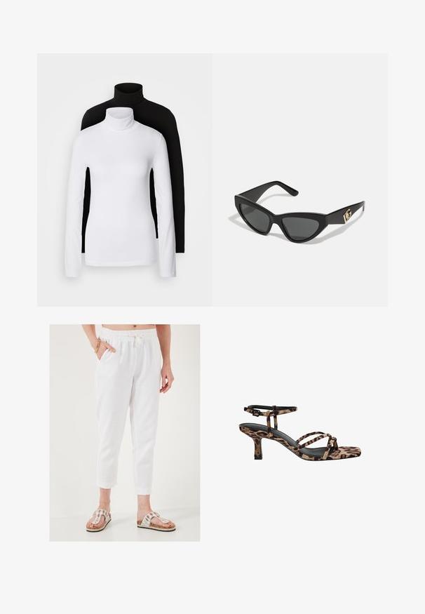 Twee lange mouwen turtleneck tops, één wit en één zwart, gemaakt van een gladde, rekbare stof, beide met een slank passend ontwerp en hoge kraag.; Witte cropped broek met een textuurstof, elastische tailleband en trekkoord. Gecombineerd met versierde sandalen met een kurken zool.; Luipaardprint hakken met een vierkante neus, meerdere bandjes en een middelhoge hak. Gemaakt van zacht textielmateriaal.; Cat-eye zonnebrillen met een matte zwart plastic frame, donkere lenzen en een gouden logo-accent op de poot. Hoekig ontwerp en een soepele textuur.; Bruin leren schoudertas met logo-patroon, gouden kettingband, ritsluiting en gouden hardwareaccenten. Compacte en rechthoekige vorm.
