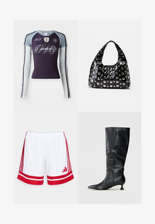 Pitkähihainen urheilupaita tummassa violetissa, vaaleanharmaat hihansuut. Ominaisuuksiin kuuluu pystysuorat raidat, brodeerattu logo ja koristeellinen teksti.; Valkoiset urheilushortsit, joissa on punaiset sivupaneelit ja reuna. Ominaisuudet: joustava vyötäröneule ja punainen Adidas-logo vasemmassa alakulmassa.; Polvisukuiset mustat tekonahkabootsit, joissa on kiiltävä krokotiilitekstuuri, terävä kärki ja kapea, kulmikas korko. Klassinen muotoilu ja sulava siluetti.; Mustat patenttinaiset käsilaukku, jossa on pyöreä muoto, hopeanvärisiä metallinappeja eri kokoisina ja leveä hihna helppoa kantamista varten.