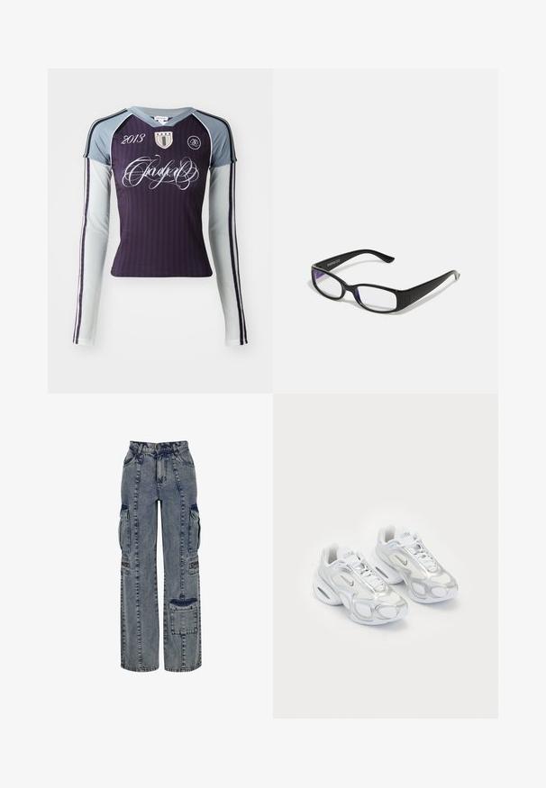 Camisa atlética de manga larga en púrpura oscuro con mangas en gris claro. Cuenta con rayas verticales, logo bordado y texto decorativo.; Pantalones cargo de mezclilla en azul claro. Presentan piernas anchas, múltiples bolsillos laterales y acentos en mezclilla oscura contrastantes. Estructurados con costuras visibles.; Zapatillas deportivas blancas con parte superior de malla y acentos plateados, una forma única y amortiguación de aire en el talón. Diseño con cordones y logotipo.; Gafas rectangulares negras con lentes transparentes. Acabado brillante, varillas estrechas y tinte púrpura visible en los bordes de los lentes.