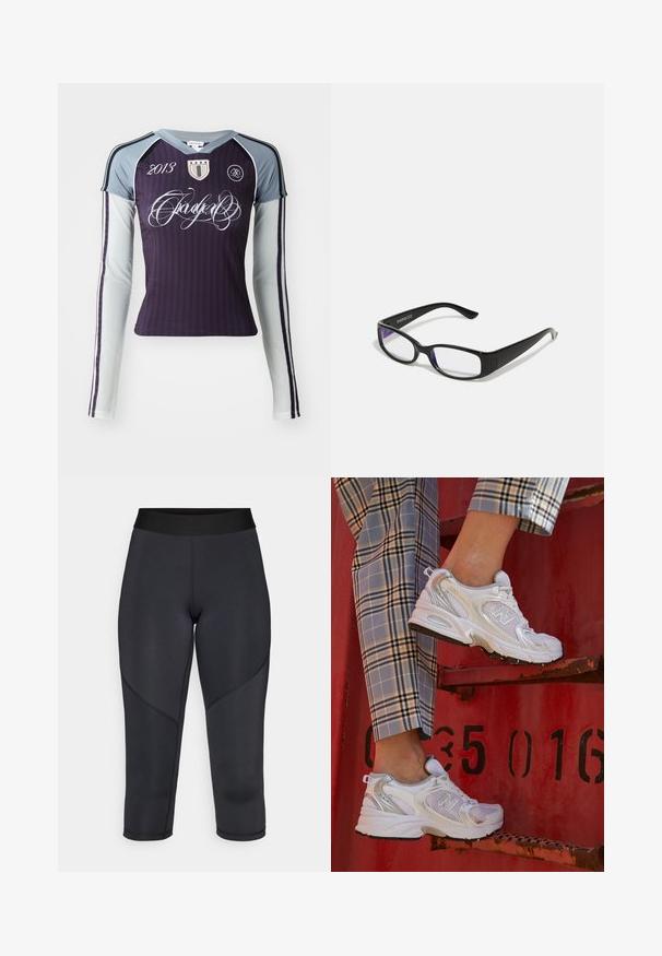 Long-sleeve athletic shirt in dark purple with light gray sleeves. Features vertical stripes, embroidered logo, and decorative text.; Black three-quarter length leggings made of stretchy fabric, featuring a smooth texture, high waistband, and curved seam detailing.; White mesh sneakers with silver accents and a textured sole, positioned on a red surface, paired with plaid trousers.; Black rectangular glasses with clear lenses. Glossy finish, narrow arms, and purple tint visible at the edges of the lenses.
