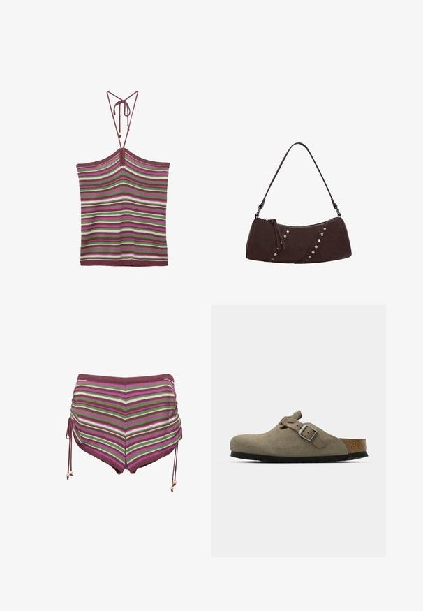 Neulottu toppi säädettävillä nauhoilla, jossa on pystysuorat raidat tummanpunaisessa, vihreässä, valkoisessa ja vaaleanpunaisessa. Tekstuuri on pehmeä ja joustava.; Uima shorts raidallisina vaaleanpunaisessa, vihreässä ja ruskeassa. Sisältää kiristysnyörit sivuilla ja pehmeän, joustavan kankaan.; Korkkipohjaiset mokkanahkaiset klossit vaaleassa oliivinvihreässä. Varustettu metallisoljella ja pyöristetyllä varpaalla.; Ruskea synteettisestä nahasta valmistettu käsilaukku, jossa on kaareva muoto, vetoketjukiinnitys ja koristeellisia hopeanvärisiä niittejä yhden sivun varrella. Varustettu lyhyellä olkahihnalla.