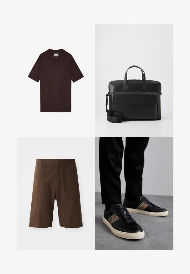 Brun polo shirt lavet af tekstureret stof, med en spids krave og korte ærmer. Mærket viser "NN. 07" ved kraven.; Brune linned shorts med afslappet pasform, elastisk talje og lige ben. Glat tekstur med et simpelt, rent design.; Sorte lædersneakers med flerfarvede stribede accenter, rund tå og hvide gummisåler, med snørebånd og prægede branding.; Sort læder arbejdstaske med dobbelte top-håndtag, en lomme foran og en aftagelig rem, der har subtil branding i bunden.