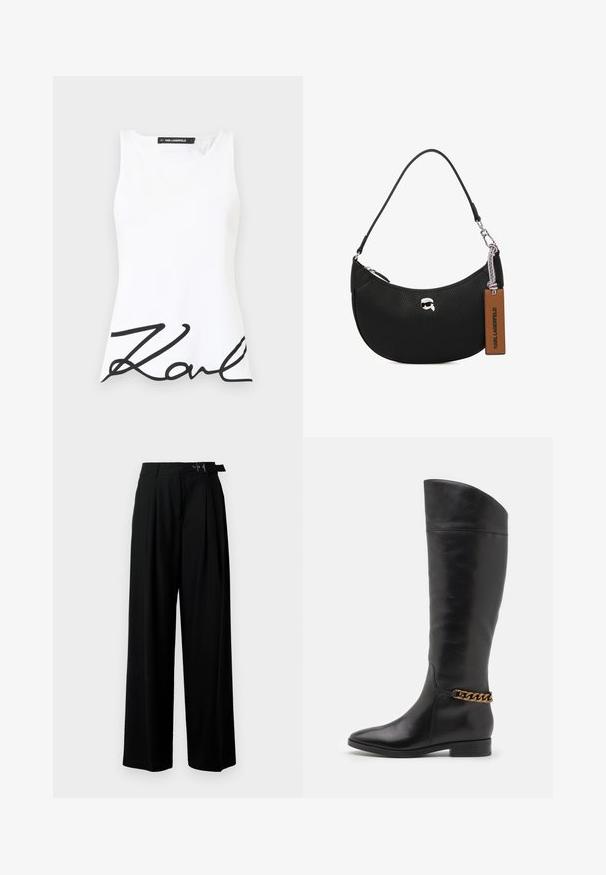Bílý bezrukávový top s kulatým výstřihem, který má na dolní části přední strany výrazné černé kurzívou psané logo "Karl". Hladká textura látky.; Černé široké kalhoty s vysokým pasem, záhyby vpředu a páskem s přezkou. Vyrobené z hladké, lehké tkaniny.; Vysoké černé kožené boty s elegantním designem, špičatou špičkou a zlatým řetízkem na kotníku. Nízký blokový podpatek. Hladká textura.; Černá kožená kabelka s tvarovanou texturou, zakřiveným tvarem, horním zipovým uzavřením, stříbrnými kovovými doplňky a hnědou visačkou. Obsahuje akcent s logem.