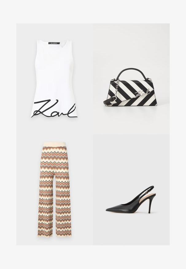 Biała bezrękawnikowa bluzka z okrągłym dekoltem, z wyraźnym czarnym, kursywnym logo "Karl" na dolnej części przodu. Gładka tekstura materiału.; Malina DITTE wielokolorowy; Czarny skórzany sandał na obcasie z wydłużonym noskiem, gładką fakturą i delikatnym paskiem z metalową klamrą.; Czarna i biała torebka w paski o strukturalnym kształcie, z górnym uchwytem, odpinanym łańcuszkiem oraz metalicznym akcentem z logo.