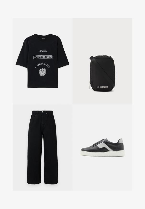 Fekete, túlméretezett póló fehér felirattal: "A Hangos Királyság Gyerekei", "Beton Született", "Megbonthatatlan", valamint egy részletes sas grafika alatta.; Fekete, bőszárú pamutnadrág, magas derékkal, elülső zsebekkel, ezüst színű gombbal és letisztult szegéllyel.; Fekete bőr sneaker szürke díszítéssel, fehér gumitalppal, kerek orral és hat fekete fűzőlyukkal. Strukturált oldalsó panel részlet.; Fekete táska, téglalap alakú, sima anyagból készült. Jellemzője a felső cipzár, állítható pánt és a fehér felirat: "HAN KJØBENHAVN."