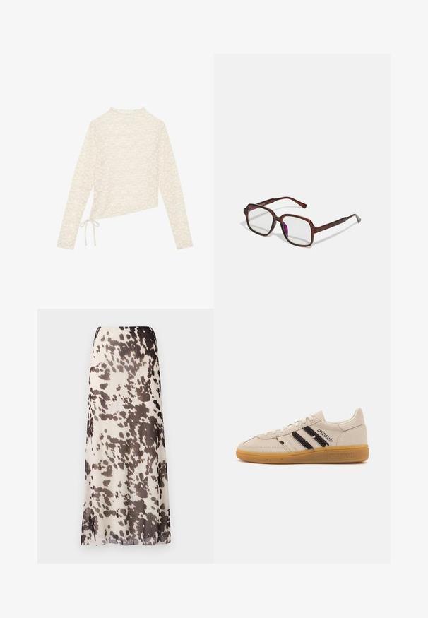 Crème lange mouwen top, met een bloemig kantpatroon, hoge hals en een zijstrikdetail voor een verstelbare pasvorm. Zachte textuur en lichtgewicht stof.; Maxi rok gemaakt van lichtgewicht, doorschijnende stof, met een beige basis en donkere abstracte vlekken, en een rechte silhouet.; Beige suède sneakers met zwarte streepjes en de tekst "Spezial", voorzien van een gestructureerde gumrubberen zool en een klassieke vetersluiting.; Bruine, rechthoekige bril met transparante glazen en paarse tinten. Glad kunststof montuur met rechte pootjes en subtiele accenten.