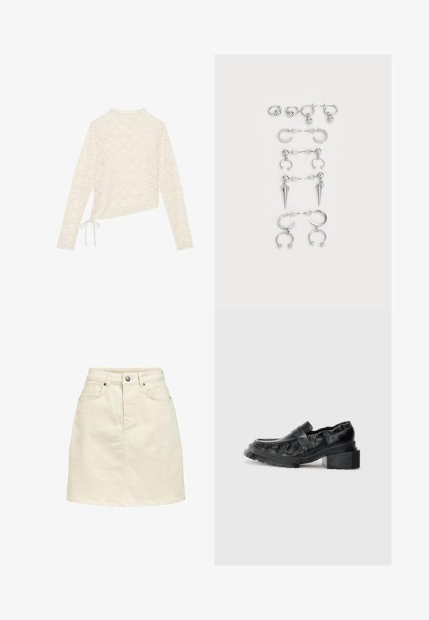 Kremowa bluzka z długim rękawem, z florystycznym wzorem koronkowym, wysokim kołnierzem i bocznym wiązaniem do regulacji dopasowania. Miękka tekstura i lekki materiał.; Dżinsowa spódnica w jasnym beżowym kolorze, o prostym kroju, pięcioma kieszeniami, z zapięciem na guziki oraz lekko teksturowanym wykończeniem.; Czarne skórzane mokasyny z usztywnioną podeszwą, z lekko podniesionym obcasem w kształcie bloku i teksturowanym wierzchem, zapinane na przedni pasek.; Zestaw srebrnych kolczyków z różnymi wzorami: kółka, sztyfty i wiszące style, z kulistymi akcentami i spiczastymi elementami.