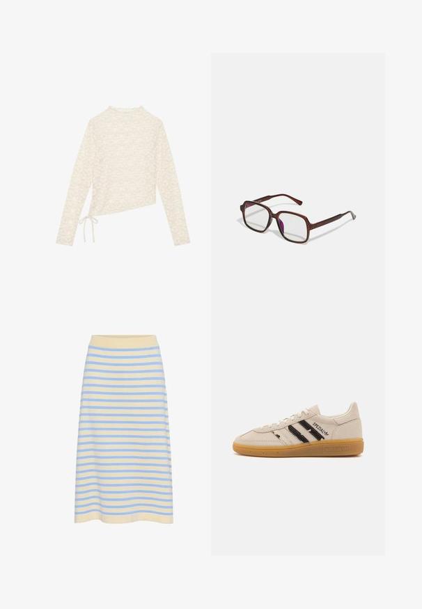 Cream long-sleeve top, featuring a floral lace pattern, high neck, and a side tie detail for adjustable fit. Soft texture and lightweight fabric.; Striped midi skirt in soft cotton with a light yellow base and blue horizontal stripes. Features a ribbed elastic waistband.; Beige suede sneaker with black stripes and "Spezial" text, features a textured gum rubber sole and classic lace-up design.; Brown, rectangular eyeglasses with transparent lenses and purple tints. Smooth plastic frame with straight temples and subtle accents.