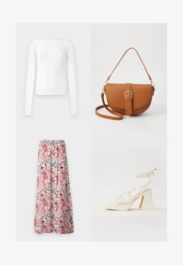 White long-sleeve top with a square neckline, made of smooth fabric, featuring a fitted design and seamless shoulder accents.; Floral maxi skirt, elastic waistband, features a multi-colored paisley pattern with red, blue, and black accents on a light background.; White high-heeled sandal with a chunky heel, featuring a strappy design and ankle tie. Smooth texture with a platform front for added height.; Brown leather crossbody bag with a curved shape, gold hardware, and a buckle accent. Features a detachable shoulder strap.