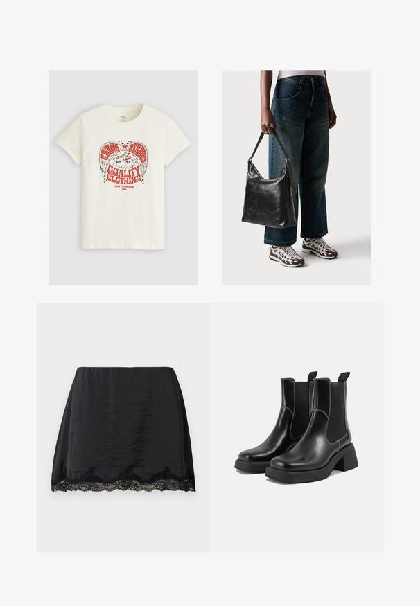 Levi's® THE PERFECT TEE - T-shirt con stampa - eagle sugar swizzle; Gonna mini nera in satin con taglio dritto, caratterizzata da un bordo in pizzo ondulato all'orlo, texture liscia e vita elastica.; Stivali Chelsea in pelle nera con tacco spesso, pannelli elasticizzati sui lati e cuciture bianche a contrasto. Finitura testurizzata.; Borsa a tracolla nera in pelle con una texture liscia e tracolla regolabile, abbinata a jeans ampi sbiaditi e sneakers sportive.