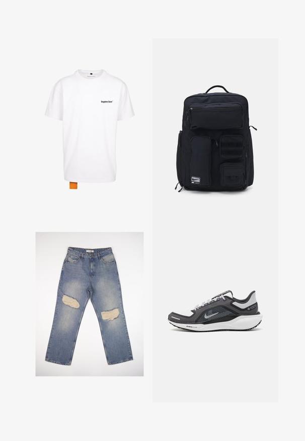 Balta medvilninė marškinėliai su trumpomis rankovėmis, apvalia iškirpte, juodu spausdintu logotipu ant krūtinės ir oranžiniu audinio ženklu apačioje.; Šviesiai mėlynos džinsinės kelnės su tiesia siluetu, turinčios dvi dideles nuplyšusias vietas keliuose ir standartinį penkių kišenių dizainą.; Juodas ir pilkas sportinis batelis su tinkleliu viršuje, atspindinčiais akcentais ir balta vidurinė dalimi. Yra tekstūruota guminė išorinė pada ir raišteliai.; Juodas kuprinė pagaminta iš tvirto audinio. Yra keli užtrauktukais uždaromi kišeniai, įskaitant priekinę dalį, ir Velcro pleistrų zonos priedams.