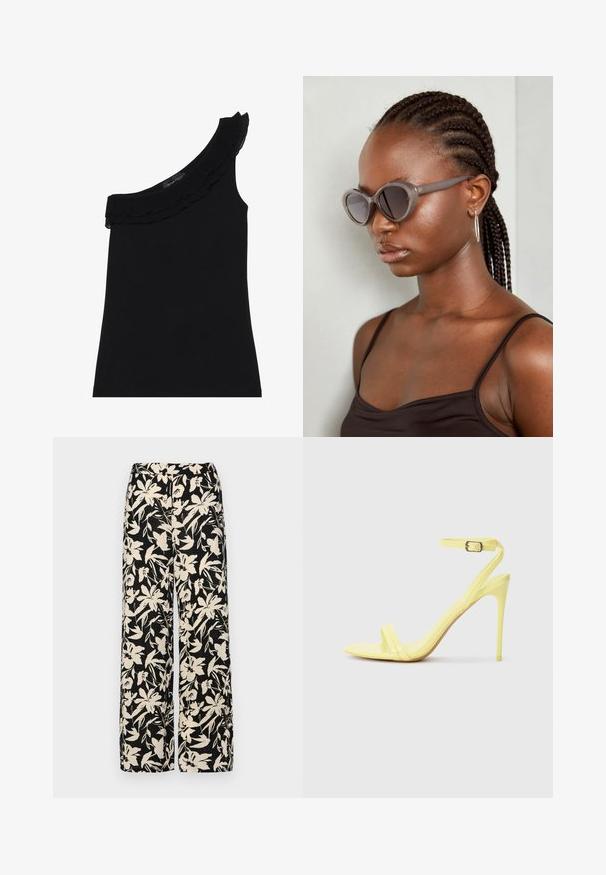 Černý top na jedno rameno s volánkovým výstřihem. Hladká, elastická látka. Jednoduchý a přiléhavý design, žádné další vzory nebo akcenty.; Černé kalhoty s širokými nohavicemi a krémovým květinovým vzorem. Vyrobené z lehké tkaniny, s hladkým povrchem a vysokým pasem.; Žluté lakované vysoké sandály na podpatku s dvěma předními pásky a páskem kolem kotníku s přezkou. Elegantní, špičatý design podpatku.; Šedé oversized sluneční brýle s kulatým tvarem a tmavými skly. Elegantní plastový rám s hladkým povrchem. Modelka má copánky.