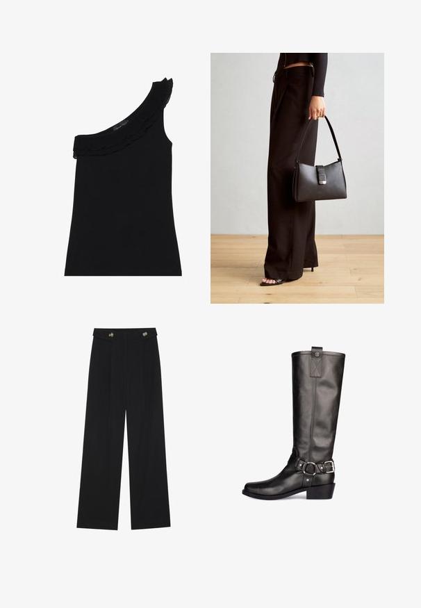 Top negro de un solo hombro con un escote con volantes. Tela suave y elástica. Diseño simple y ajustado, sin patrones ni acentos adicionales.; Pantalones de pierna ancha negros con cintura alta, detalles de botones en la cinturilla y pliegues en la parte delantera.; Bota de cuero negro hasta la rodilla con punta redonda, tacón plano, correa decorativa con hebilla y acabado texturizado.; Bolso negro con forma estructurada, textura suave y un cierre metálico. Combinado con pantalones anchos negros y sandalias de dedo en un suelo de madera.