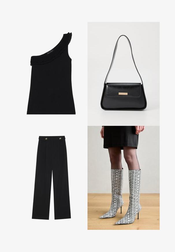 Black, one-shoulder top with a ruffled neckline. Smooth, stretchy fabric. Simple and fitted design, no additional patterns or accents.; Black wide-leg trousers with high waist, button details on waistband, and front pleats.; Pointed-toe knee-high boots in snake print, featuring a textured gray and white pattern, stiletto heels, and a side zipper.; Black leather handbag with a structured triangular shape, slim strap, and gold-tone hardware featuring a logo plaque on the front flap.