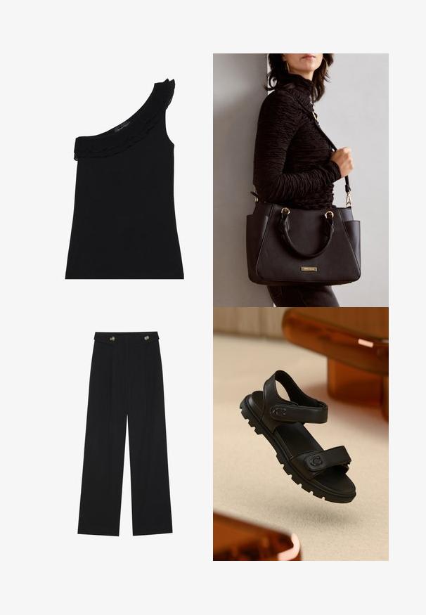 Top preto de um ombro só com decote franzido. Tecido suave e elástico. Design simples e ajustado, sem padrões ou detalhes adicionais.; Calças largas pretas com cintura alta, detalhes em botão na cintura e pregas frontais.; Sandalha de pele preta com duas correias ajustáveis, sola texturizada e design robusto e arrojado. Apresenta um detalhe com o logótipo na correia.; Bolsa preta com superfície texturizada, alças superiores duplas e alça de ombro ajustável. Apresenta ferragens em tom dourado e bolsos laterais.