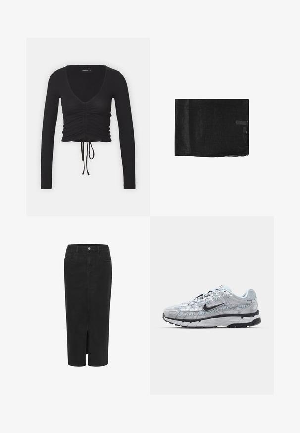 Sort ribbet langærmet crop top med dyb V-hals, samlet detalje foran og justerbar snøre i kanten.; Sort denim midi nederdel med frontsplit, lige snit, fem lommer, knaplukning og bæltestropper. Blødt materiale og klassisk design.; Nike P-6000 sneakers med en lys grå mesh overdel, sorte accenter og en holdbar sort gummisål. Har et detaljeret design og snøresystem.; Sort stykke stof med tekstur og let glans. Har en rektangulær form og et lille hardware-accent på en kant.; Sort kviltet læder håndtaske med guld kædeled og logo detaljer. Rektangulær form, glat tekstur, med en klaplukning.