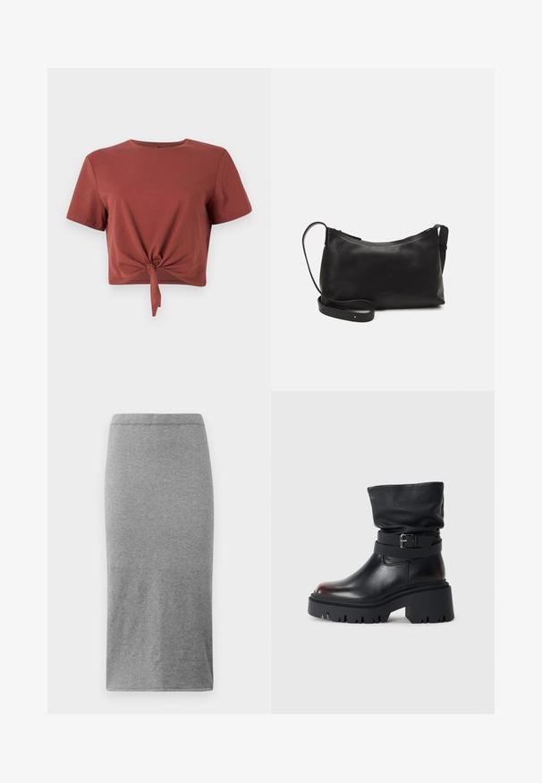 T-shirt court de couleur rouille en coton doux avec des manches courtes et un détail noué à l'avant. Texture lisse, col rond.; Jupe grise, longueur genou, fabriquée en tissu doux et extensible. Présente un design simple et près du corps avec une taille élastique et une texture lisse.; Bottine en cuir noir avec une tige décontractée, détail de boucle et semelle épaisse et robuste. Elle présente un bout rond et une texture lisse.; Sac à épaule en cuir noir avec une texture lisse, une forme courbée, une bandoulière ajustable et une fermeture éclair. Design minimaliste sans embellissements.