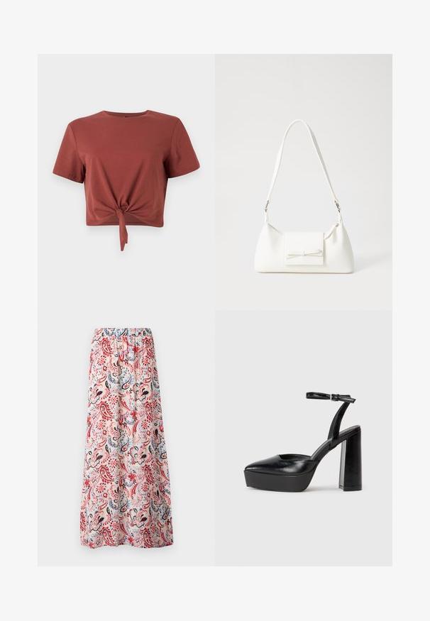 Rostfarget cropped t-skjorte i myk bomull med korte ermer og knyttet frontdetalj. Slett tekstur, rund halsutringning.; Blomstrede maxiskjørt, elastisk midje, med et flerfarget paisley-mønster med røde, blå og svarte accenter på en lys bakgrunn.; Sorte plattformhelter med spiss tå og justerbar ankelrem. Laget av glatt lær, med en robust blokkhel.; Hvit syntetisk håndveske med trekantet form, flat klaff foran og sløyfe detaljer, justerbar stropp, glatt tekstur og minimalistisk design.