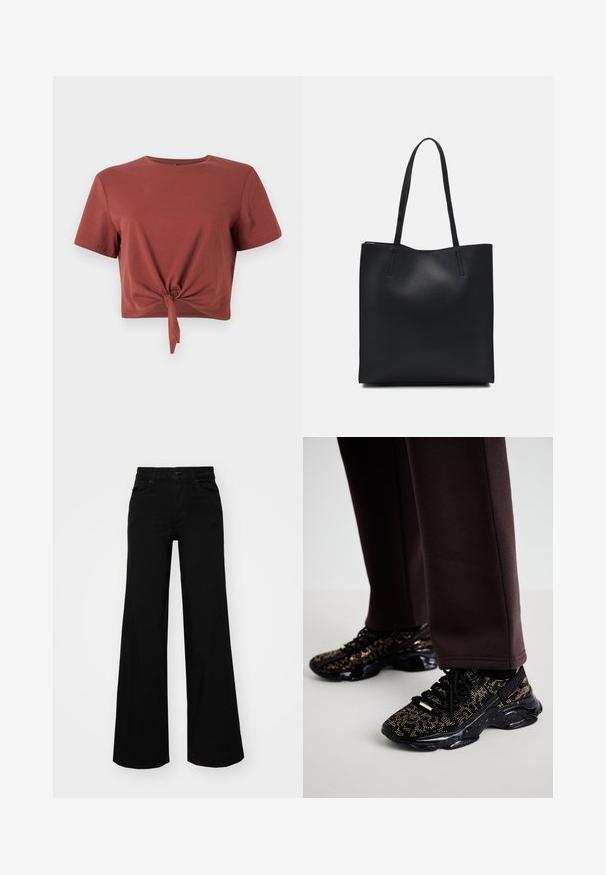 Rust-colored cropped t-shirt in soft cotton with short sleeves and a knotted front detail. Smooth texture, round neckline.; Black wide-leg pants made of denim, featuring a structured waistband, belt loops, and front pockets. Smooth texture with a classic design.; Black sneakers with gold speckles, textured surface, and a chunky black sole. Paired with brown sweatpants, showing a fitted design.; Black leather tote bag with smooth texture, rectangular shape, and two long handles. No visible hardware or embellishments.