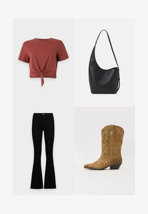 Rdzawy, krótki T-shirt z miękkiej bawełny z krótkimi rękawami i zawiązanym przodem. Gładka faktura, okrągły dekolt.; Czarne, wysokie dżinsy z guzikem i zamkiem błyskawicznym, z przednimi kieszeniami i rozszerzanymi nogawkami, leżące płasko na białym tle.; Brązowy zamszowy kowbojski but z ostrym noskiem, skomplikowanym białym haftem i skośnym obcasem. Posiada dekoracyjny wzór na cholewce i na górnej etykiecie.; Czarna skórzana torba hobo o gładkiej fakturze, zaokrąglonym kształcie i pojedynczym, regulowanym pasku; posiada szerokie otwarcie na górze.