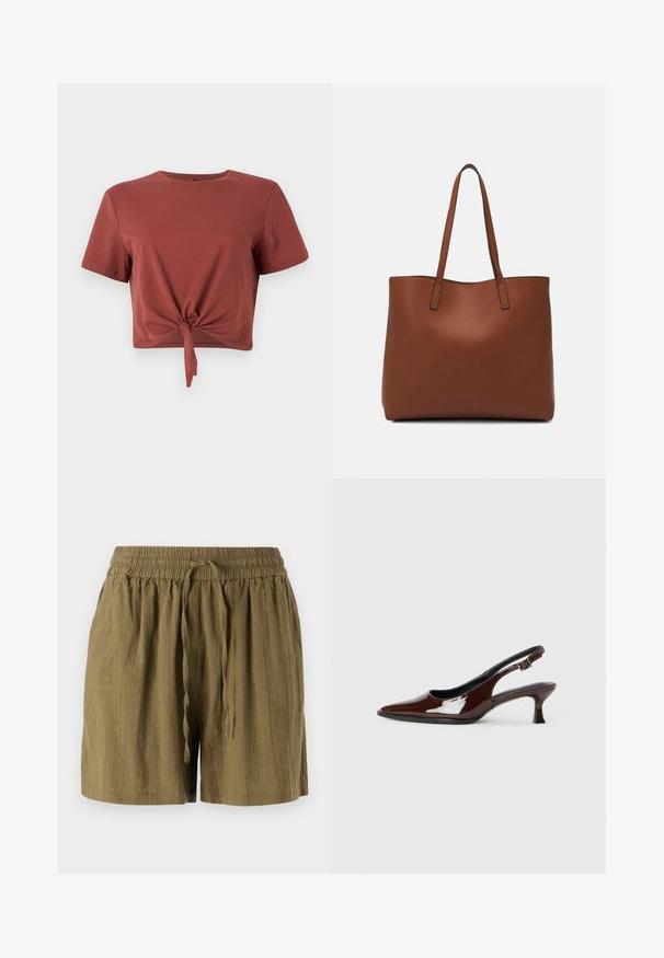 Roestkleurig cropped T-shirt van zacht katoen met korte mouwen en een geknoopt voorpand. Soepele textuur, ronde halslijn.; Olijfgroene pull-on shorts gemaakt van lichtgewicht stof, met een elastische tailleband en een koord, in een ontspannen, losse pasvorm.; Bruine gepatineerde leren slingback-schoen met een spitse neus en een gematigd hakje. Voorzien van een gespsluiting voor een veilige pasvorm. Glad van textuur.; Bruine leren tote bag met een gladde textuur, een ontwerp met een open bovenkant en twee schouderbanden. Kenmerkt zich door minimale stiksels en geen zichtbare hardware.
