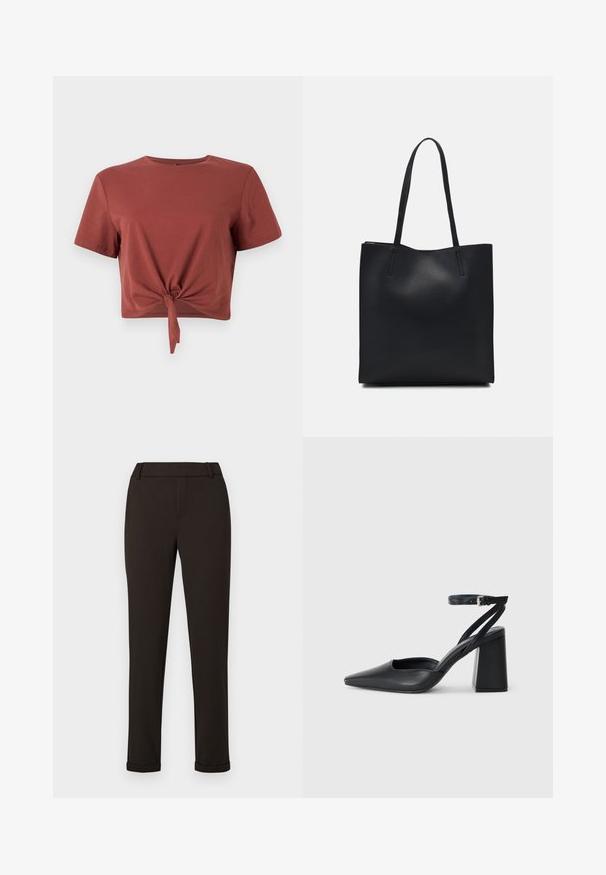 Rust-colored cropped t-shirt in soft cotton with short sleeves and a knotted front detail. Smooth texture, round neckline.; Black slim-fit trousers with belt loops and cuffs against a plain white background.; Black leather pointy-toe pump with an ankle strap and a chunky heel. Flat texture, sleek design, and minimalistic aesthetics.; Black leather tote bag with smooth texture, rectangular shape, and two long handles. No visible hardware or embellishments.