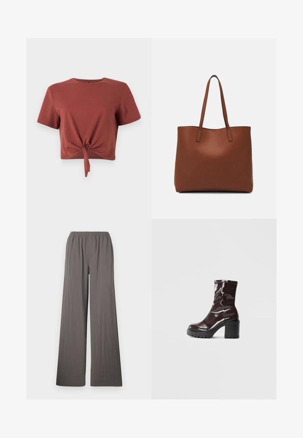 T-shirt court de couleur rouille en coton doux avec des manches courtes et un détail noué à l'avant. Texture lisse, col rond.; Pantalons à jambes larges en tissu texturé gris foncé. Dotés d'une taille élastique et d'un ourlet piqué.; Bottines bordeaux brillantes à talon épais noir, avec une texture lisse et un design simple. Aucune fermeture visible ni motifs.; Sac fourre-tout en cuir marron avec une texture lisse, design à ouverture supérieure et deux poignées pour le porter à l'épaule. Présente des coutures minimales et aucun matériel visible.