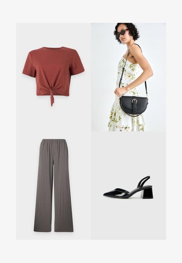 Rostfarget cropped t-skjorte i myk bomull med korte ermer og knyttet frontdetalj. Slett tekstur, rund halsutringning.; Bredde bukser i et teksturert, mørkegrått stoff. Har elastisk midjebånd og sydd søm.; Svarte patentlær slingback hæler med spiss tå og geometrisk blokk hæl. Har et stilrent, minimalistisk design og jevn tekstur.; Svart lærveske med en buet form, avtagbar stropp og gullbeslag. Vesken har et klaff med spenne-detall.