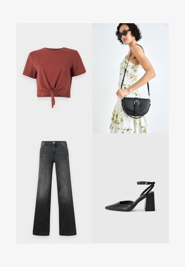 Rostfarget cropped t-skjorte i myk bomull med korte ermer og knyttet frontdetalj. Slett tekstur, rund halsutringning.; Svart vide jeans i falmet denim, med frontlommer, knappelukking og diskret sømdetalj langs sømmene.; Svart lær pumps med spiss tå, ankelrem og kraftig hæl. Flat tekstur, strømlinjeformet design og minimalisme.; Svart lærveske med en buet form, avtagbar stropp og gullbeslag. Vesken har et klaff med spenne-detall.