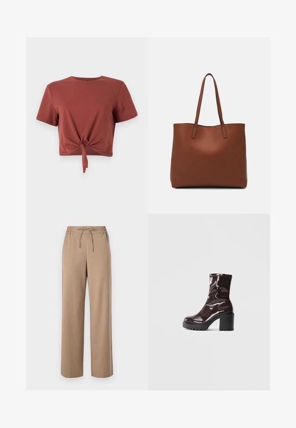 Roostevärvi lühikeste varrukatega pehme puuvillane lühike särk, millel on sõlmedetail ees. Sile tekstuur, ümmargune kaelus.; Beige laiad jalgadega püksid, mis on valmistatud tekstureeritud kangast, esitlevad elastset vöökohta ja nööri detaili, millel on peened vertikaalsed triibud.; Klakav läikiv burgundi värvi pahkluu saabas, millel on paks must konts, sile tekstuur ja lihtne disain. Nähtavad kinnitused või mustrid puuduvad.; Pruun nahast tote-kott, millel on sile tekstuur, avatud ülaosa disain ja kaks õlarihma. Omab minimaalset õmblust ja nähtavat riistvara ei ole.