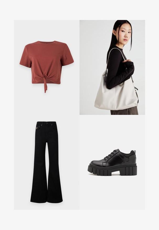 T-shirt cropped em cor ferrugem, em algodão suave, com mangas curtas e um detalhe frontal em nó. Textura suave, decote redondo.; Calças jeans pretas flare, feitas de denim, com uma cintura alta, cinco bolsos e um pequeno emblema no bolso da frente. Textura suave.; Sapatos de plataforma em couro preto com um salto bloco robusto, bico redondo e design clássico de atacadores. Apresentam uma textura suave e detalhes mínimos.; Uma bolsa bege feita de material macio, com um design descontraído, detalhes de costura e duas alças para o ombro. Adequada para uso diário.