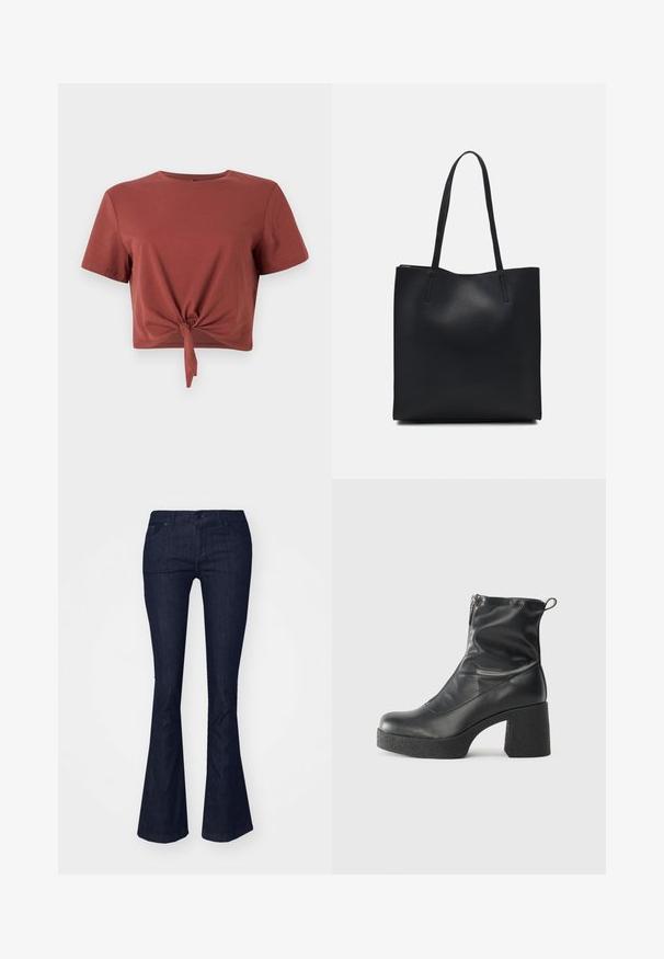 Rostfarget cropped t-skjorte i myk bomull med korte ermer og knyttet frontdetalj. Slett tekstur, rund halsutringning.; Mørke denim flare jeans med høy midje, med frontlommer og knappelukking. Glatt tekstur og ren finish.; Svarte ankelstøvler laget av glatt lær, med glidelås på siden, chunky strukturert hæl, og rund tå-design.; Svart lær tote bag med glatt tekstur, rektangulær form og to lange håndtak. Ingen synlige deler eller dekorasjoner.