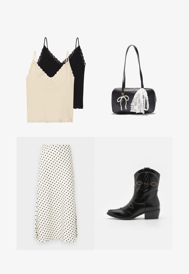 Two camisoles: one cream and one black. Both feature lace trim along the neckline and hem, with adjustable spaghetti straps.; A knee-length skirt made of lightweight fabric, featuring a cream background with black polka dots and a flared silhouette.; Black leather cowboy boot with decorative orange stitching and cut-out design. Features a short stacked heel and a pointed toe.; Even&Odd Handbag - black