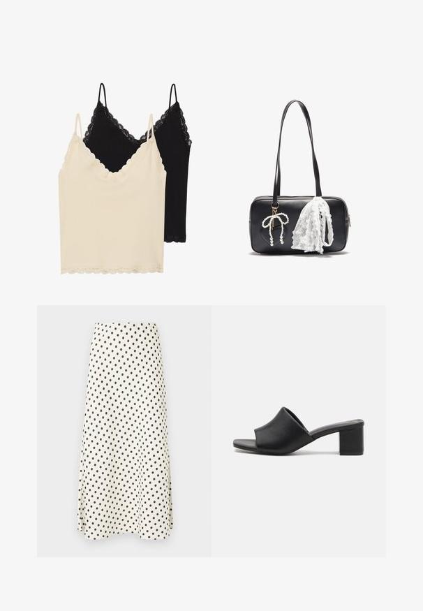 Dvi maikutės: viena kreminė ir viena juoda. Abi turi nėriniuotas apykaklės ir krašto detales, taip pat reguliuojamus spageti petnešas.; Kelių ilgio sijonas pagamintas iš lengvos medžiagos, su kreminiu fonu ir juodais taškais, turintis plačią siluetą.; Juodi odiniai mules su blokuoto kulno, atviru pirštu, kuriais galima mėgautis sklandžiu paviršiumi ir šiek tiek užlenktu viršumi, užtikrinančiu komfortą ir stilių.; Even&Odd Rankinė - black