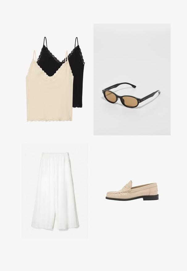 Due camisole: una crema e una nera. Entrambe presentano una rifinitura in pizzo lungo il collo e l'orlo, con spalline regolabili.; Pantaloni a gamba larga bianchi, realizzati in un tessuto caratterizzato. Il design presenta una vita alta e una silhouette fluida senza chiusure visibili.; Mango Scarpe senza lacci - off-white; Occhiali da sole neri con montatura ovale, lenti marroni e accessori in argento sulla montatura. Texture liscia e design elegante.