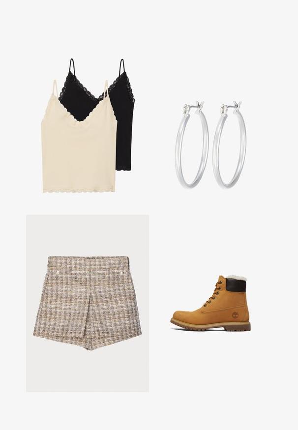 Twee camisoles: één crème en één zwart. Beide hebben kantafwerking langs de halslijn en de zoom, met verstelbare spaghettibandjes.; Bruine geruite geweven shorts met een gestructureerde afwerking, voorzien van twee zilveren drukknoopjes aan de voorkant en een op maat gemaakte, gestructureerde uitstraling.; Tan leren enkellaars met een bruine verhoogde kraag, metalen oogjes en een gestructureerde, duurzame zool. Bevat een logo nabij de hak.; Zilveren oorbellen in de vorm van een gladde, gepolijste ring. Ronde vorm met een veilige kliksluiting. Lichtgewicht ontwerp, geschikt voor dagelijks gebruik.