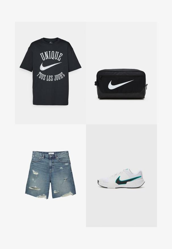 Crna pamučna majica s bijelim natpisom "UNIQUE TOUS LES JOURS" i srebrnim Nike logom. Klasičan dizajn s okruglim izrezom i kratkim rukavima.; Traper šorts u svijetlo plavoj boji s iznošenim mrljama. Ima standardni pojas, približno je do koljena i ima strgane rubove.; Bijela atletska cipela s teksturiranim mrežastim gornjim dijelom, crnim gumiranim potplatom i akcentom u boji tirkizne na Nike swoosh oznaci. Ima vezice i podstavljeni ovratnik.; Crna Nike toaletna torba glatke teksture, s bijelim Swoosh logotipom, zatvaranjem na vrhu s patentnim zatvaračem i bočnom džepom.