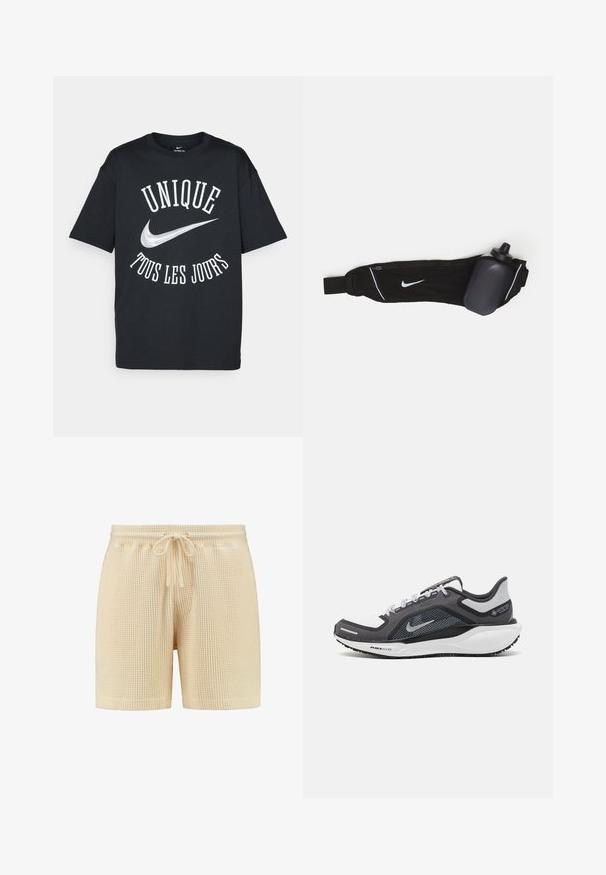 Czarny bawełniany T-shirt z białym napisem "UNIQUE TOUS LES JOURS" i srebrnym logo Nike. Klasyczny krój z okrągłym dekoltem i krótkimi rękawami.; Beżowe szorty z dzianiny waffle z elastycznym pasem, sznurkiem do regulacji i luźnym krojem. Prosty design bez wzorów i dodatkowych akcentów.; Czarne i szare buty sportowe z siateczkową cholewką, odblaskowymi akcentami i białą podeszwą środkową. Posiadają teksturowaną gumową podeszwę i sznurowadła.; Czarna butelka na wodę z paskiem regulowanym, z białym logo Nike, szarym uchwytem na butelkę oraz białym przeszyciem akcentującym.