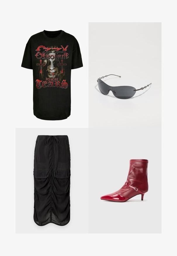 Schwarzes Baumwoll-T-Shirt mit einem Grafiker eines Gesichts mit langen Haaren, roten Akzenten und dem Text "Ozzy Osbourne No More Tears" sowie Kreuzen.; Schwarze Midirock aus leichtem Stoff. Mit gerafften Details, zwei Vorderaschen und einem Kordelzugbund für Anpassungsfähigkeit.; Roter synthetischer Knöchelstiefel mit spitzer Zehenform, glänzender Oberfl äche und schmalem Absatz. Verfügt über einen Riemen mit einer Metall-Schnalle und einem elastischen Schaft.; Sonnenbrille mit dunkelgrauen Gläsern, eleganter, geschwungener Form und markanten, wellenförmigen Metallbügeln. Die Oberfläche ist glatt mit einem dezenten matten Finish.; Schwarze Lacklederhandtasche mit dreieckiger Form, ausgestattet mit einem oberem Reißverschluss und einem verstellbaren Träger. Logo "KARL LAGERFELD JEANS" in Silber.