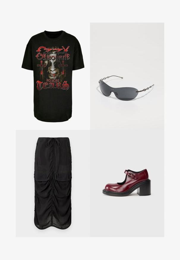 Čierne bavlnené tričko s grafickým motívom tváre s dlhými vlasmi, červenými akcentmi a textom "Ozzy Osbourne No More Tears" s krížmi.; Čierna midi sukňa vyrobená z ľahkého materiálu. Disponuje zberanými detailmi, dvoma prednými vreckami a elastickým pásom so šnúrkou pre prispôsobenie.; Bordové kožené topánky Mary Jane s okrúhlou špičkou, nastaviteľnou prackou a hrubým čiernym podpätkom, s hladkou, lesklou textúrou.; Slnečné okuliare s tmavošedými šošovkami, elegantný zakrivený tvar a charakteristické vlnité kovové ramena. Povrch je hladký s jemným matným dokončením.