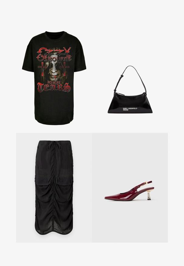 Svart bomullströja med ett tryck av ett ansikte med långt hår, röda accenter och texten "Ozzy Osbourne No More Tears" med kors.; Svart midikjol i lättviktsmaterial. Har volangdetaljer, två framfickor och en justerbar dragsko i midjan.; Glansig burgunderfärgad spetsig-toe slingback-sko med en guldtonad spänne och medelhög metallblockklack på en vit bakgrund.; Svart lackläderhandväska med triangulär form, featuring en överstängning med dragkedja och justerbar rem. Logotyp "KARL LAGERFELD JEANS" i silver.