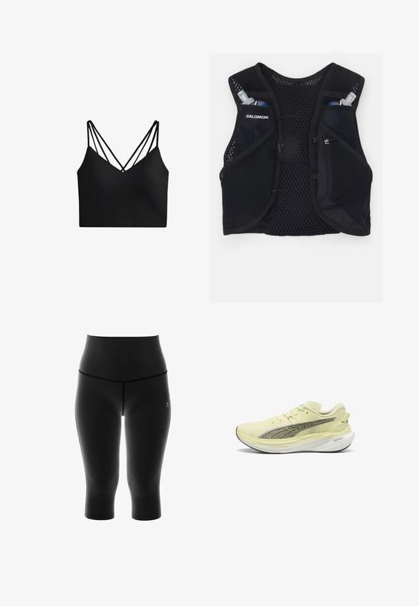 Schwarze, gekürzte Bralette mit tiefem V-Ausschnitt, ausgestattet mit zwei Sets dünner Träger, die ein Kreuzdesign am Rücken bilden. Glatte Stofftextur.; Hochtaillierte schwarze Capri-Leggings aus Stretchstoff, mit glatter Textur und minimalen Nahtdetails. Logo an der Seite gedruckt.; Helle gelbe Laufschuhe mit Obermaterial aus Mesh, schwarzen Akzenten, gepolstertem Kragen und einer dicken weißen Außensohle. Zentrales Logo an der Seite.; Schwarze Netz-Laufweste mit Seitentaschen für Wasserflaschen, verstellbaren Kordelzügen und einem leichten Design. Aus atmungsaktivem Stoff gefertigt.