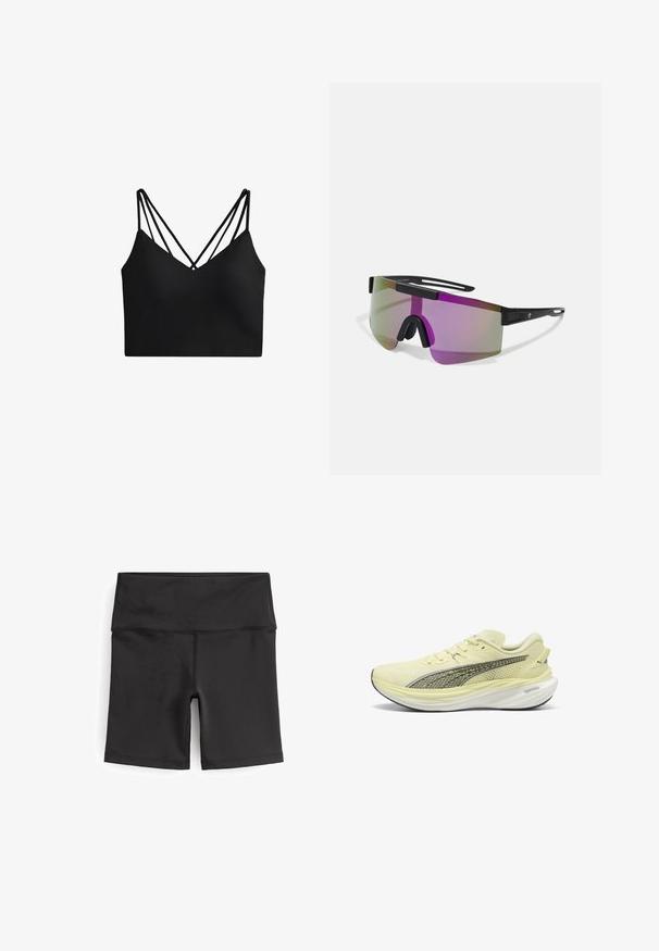 Zwarte cropped bralette met een diepe V-hals, voorzien van twee sets dunne bandjes die een kruisontwerp aan de achterkant creëren. Glad textuur van de stof.; Next CYCLING - Shorts - ultimate black; Lichtgele hardloopschoen met bovenwerk van mesh, zwarte accenten, gevoerde kraag en een dikke witte tussenzool. Centraal logo aan de zijkant.; Sportzonnebril met een zwart frame, oversized paarse lenzen en een wikkeldesign met een dikke neusbrug en zijkanten.; Zwarte mesh hardloopvest met zijvakken voor waterflessen, verstelbare trekkoorden en een lichtgewicht ontwerp. Voorzien van ademende stof.
